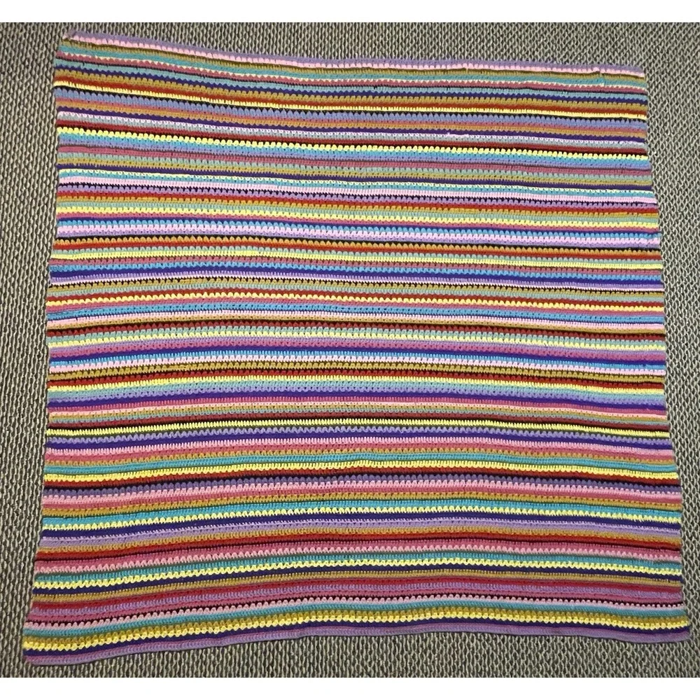 Handmade Rainbow Striped Afghan Crochet Blanket Throw Boho Grannycore 64